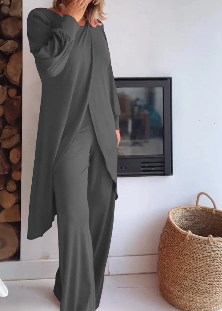 Costum cu cardigan lung și pantaloni cu gât rotund
